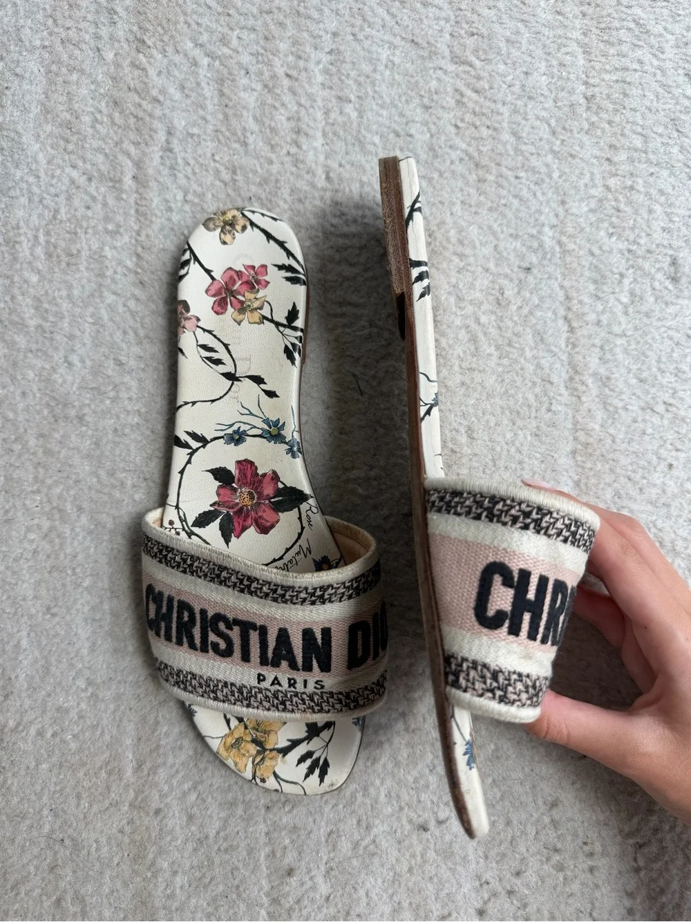 Dior Floral Logo Slide Sandals in Cream, Pink and Yellow